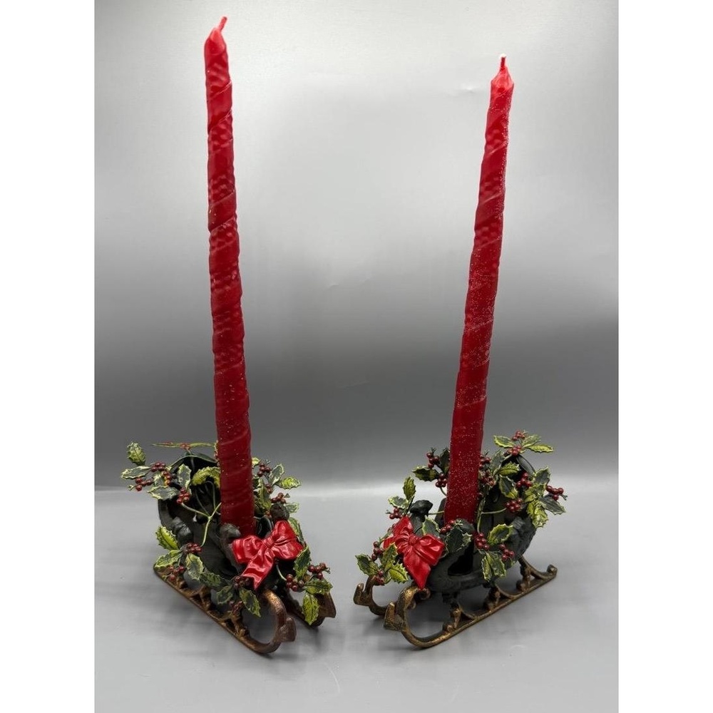 Vtg Victorian Christmas Sleigh Cast Iron Taper Candle Holders  Holly Berries set